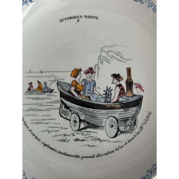 Vintage 19th C French Faïence Plate MBCM Montereau Cars of the Future Rare - Picture 7 of 9